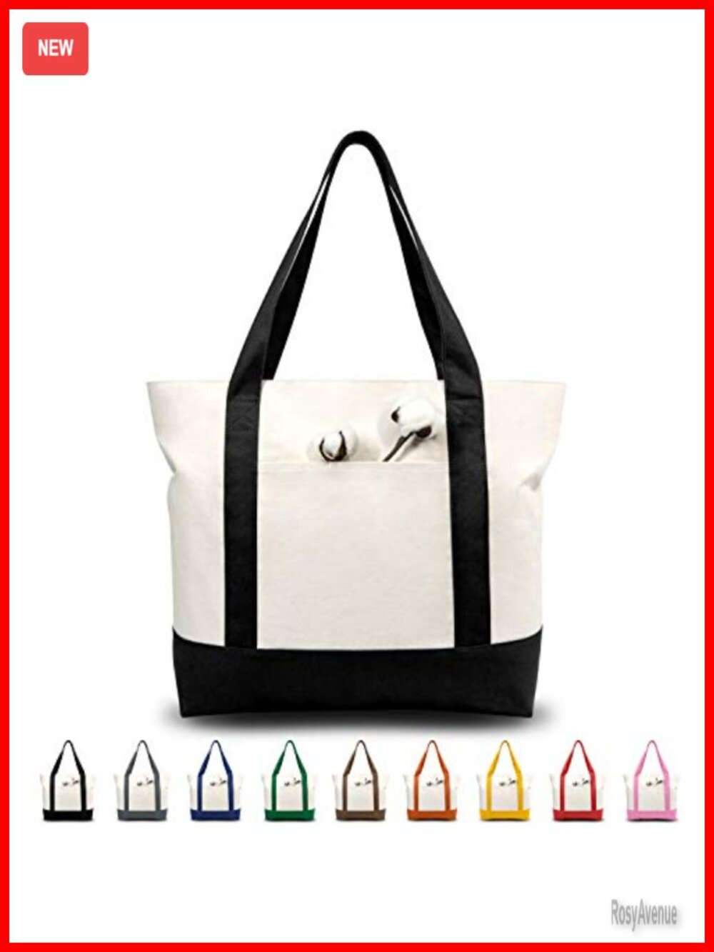 Canvas Tote Bag External Pocket Zipper Closure Reusable Grocery Shopping Daily
